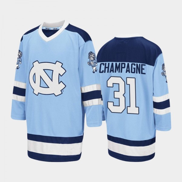 North Carolina Tar Heels College Hockey #31 Strachan Champagne Blue Embroidery Stitched Hockey Jersey