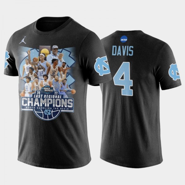 UNC College Basketball RJ Davis 2022 East Regional Champions Black T-Shirt