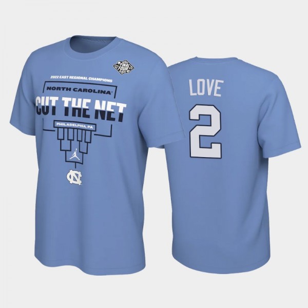 UNC Tar Heels College Basketball #2 Caleb Love Blue 2022 East Regional Champions Lock Room T-Shirt