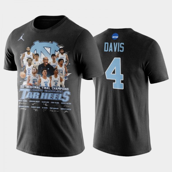 UNC Tar Heels College Basketball #4 RJ Davis Black 2022 Regional Final Champions Roster T-Shirt