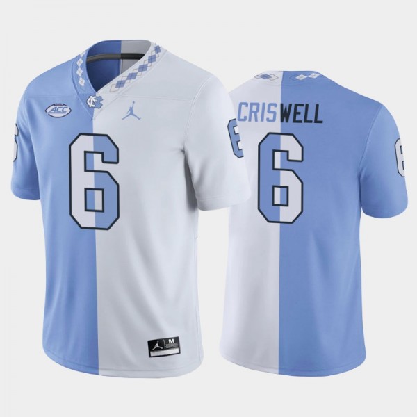 UNC Tar Heels College Football #6 Jacolby Criswell Split Edition Game White Blue Jersey