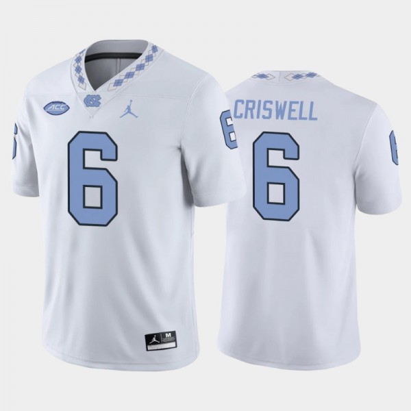 North Carolina Tar Heels College Football #6 Jacolby Criswell White Game Replica Jersey