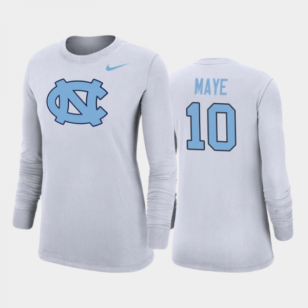 Women's UNC Tar Heels College Football #10 Drake Maye White Performance Long Sleeve T-Shirt